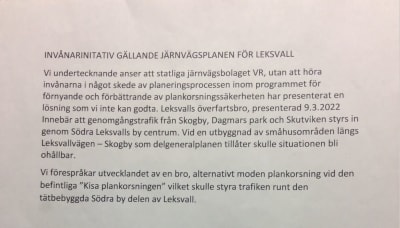 En text i en namninsamling eller ett invånarinitiativ mot Trafikledsverkets broplaner i Leksvall i Raseborg våren 2022. 