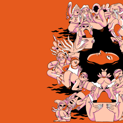 En illustration över en drömsk bild med människor som spyr och gråter. 