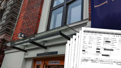 Fasaden av en byggnad med texten "Erottajankatu 4 C". I förgrunden dokument, nån slags faktura.