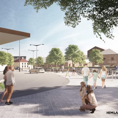 Arkkitehtitoimiston havainnekuvassa ihmiset kävelevät kesäisellä aukiolla. 