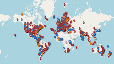 Karta över orter där unga ordnar klimatmanifestation 15.3.2019.