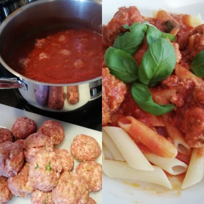 Köttbullar, pasta och en tomatsås i kastrull.