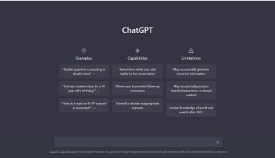 Chat GPT chattibotin aloitusnäkymä, jossa otsikko ja paikka tekstisyötteelle. 