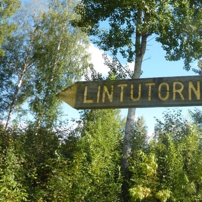 Lintutornille johtava kyltti Jyväskylän Kuokkalassa.