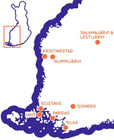 Karta över västra Finland, med några sevärda resmål utprickade.