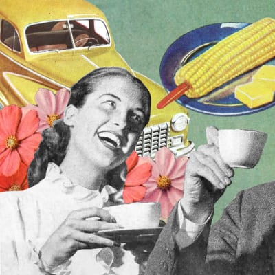 50-luvun nainen ja mies juovat kahvia. Miehen pään paikalla on koiran pää.