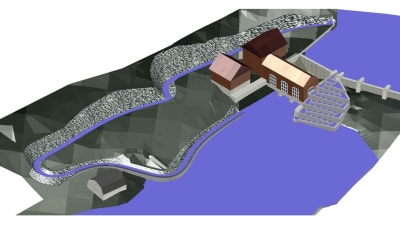 En karta där man ser en naturlig och en teknisk fiskväg inritat vid ett kraftverk vid en å.