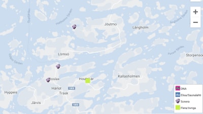 Kartan visar tre problem med Sonera i Houtskär.