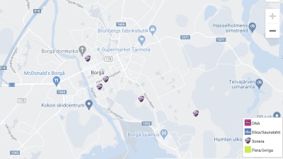 Karta som visar fem rapporterade problem med Sonera i centrala Borgå.