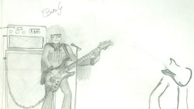 Teckning av Ben Granfelt, en gitarrist med förstärkare