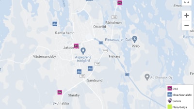 Kartan visar på problem med både Elisa och DNA i Jakobstad.