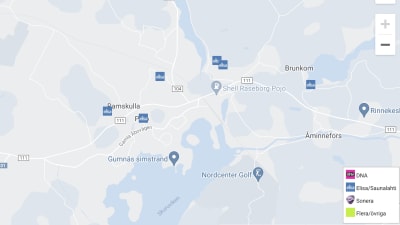 Kartan visar fem Elisa-prickar i Pojo i Raseborg.