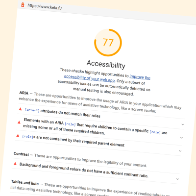 Skärmdump av en tillgänglighetsrapport som ger vitsordet 77 i "Accessibility" för webbplatsen www.kela.fi