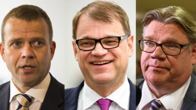 Var sin bild av finansminsiter Petteri Orpo, statsminister Juha Sipilä och utrikesminister Timo Soini i ledning för regeringen.