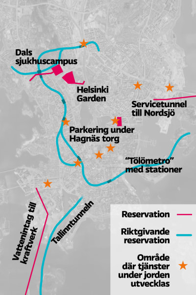 Grafik över reservationer i Helsingfors underjordiska generalplan 2020. 