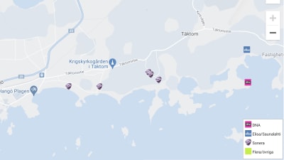 Kartan visar fem Sonera-problem i Hangö.