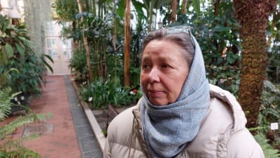 Kvinna i beige vinterjacka och ljusblå huvudduk står i Kajsaniemi botaniska trädgård och ser till höger.