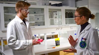 Två personer pratar i ett laboratorium vid Åbo universitet.