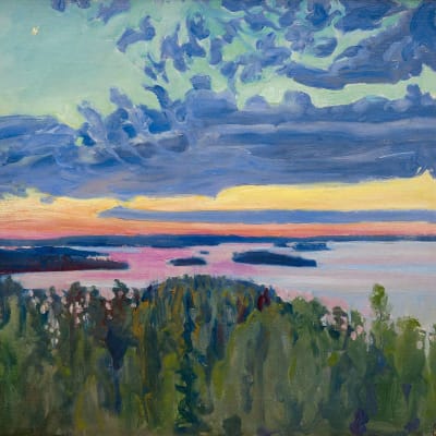 Akseli Gallen-Kallelan maalaus Järvimaisema auringonlaskun aikaan. 