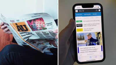 En person som läser Åbo underrättelser i pappersformat och en hand som håller i en telefon med Svenska Yles förstasidan.