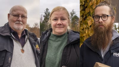 Ett bildkollage av tre bilder av tre personer: två män och en kvinna. De tittar alla in i kameran.