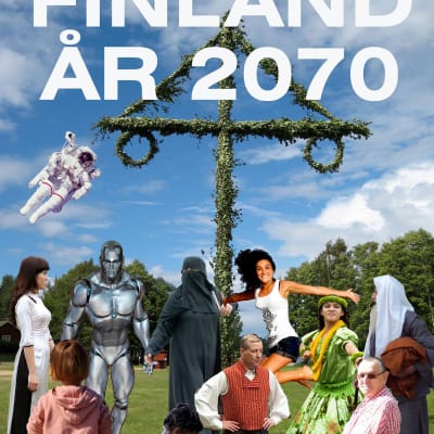 Människor av olika ursrpung, en robot och en pensionär i rullstol samlade runt en midsommarstång.