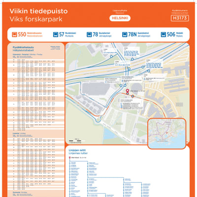 Informationsplansch för busshålplats H3137 i Helsingfors, Viks forskarpark. Visar hållplatsens tidtabell samt en omstigningskarta.