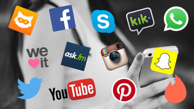 sociala mediebolags logor med smarttelefonanvändande flicka i backgrunden