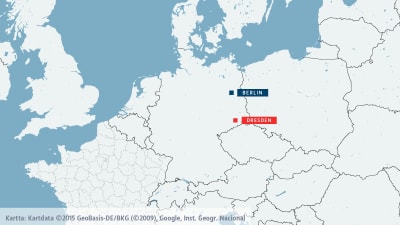 Karta som visar Dreden och Berlin