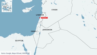 Karta över Libanon med grannländer.