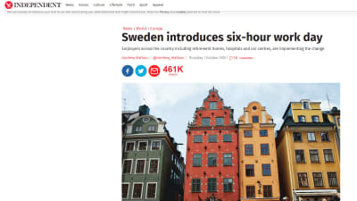 Nyhet med rubriken: Sweden introduces six-hour work day