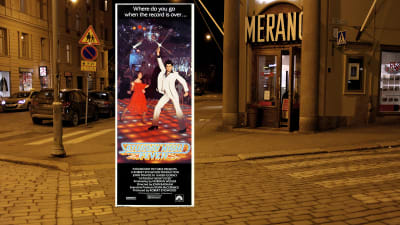 Före detta biograf Merano vid Femkanten i Helsingfors visade filmen Saturday Night Fever.