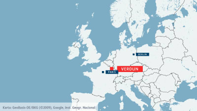 Karta med Verdun, Paris och Berlin inritade.