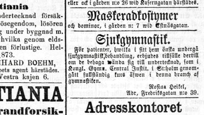 Rosina Heikels annons i Hufvudstadsbladet den 5 februari 1873.