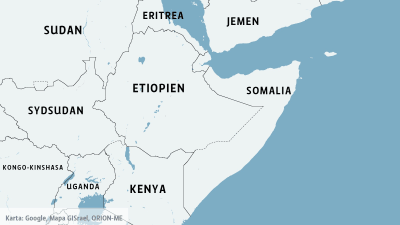 Karta över östra Afrika med Somalia, Jemen, Etiopien, Kenya, Eritrea, Uganda, Sydsudan, Sudan och Kongo-Kinshasa.