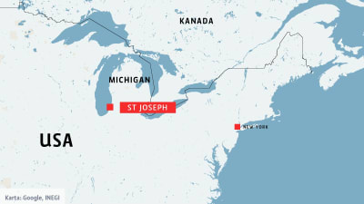 karta över östra delen av USA med delstaten Michigan och St Joseph.