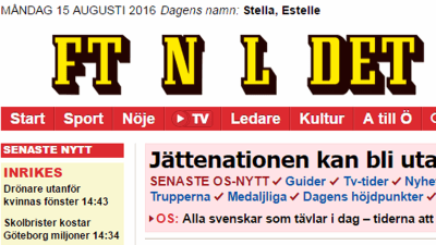 Skärmdump av Aftonbladets förstasida den 15 augusti 2016.