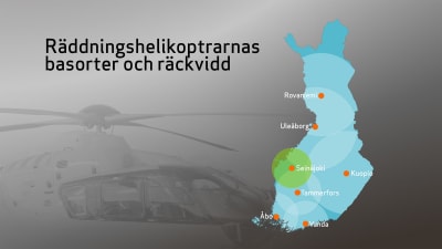 läkarhelikoptrarnas räckvidd märkt på Finlands karta