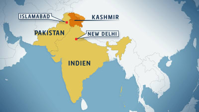 En karta som visar Kashmir, Indien och Pakistan