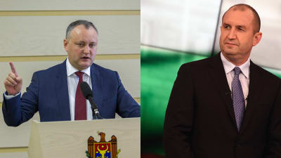 Igor Dodon till vänster, Rumen Radev till höger. Presidentkandidater i Moldavien respektive Bulgarien november 2016.