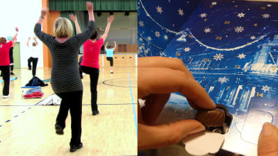 Bildmontage av två bilder. Till vänster en bild där flera kvinnor motionerar, till höger en bild där en hand tar ut en chokladbit från en chokladkalender.