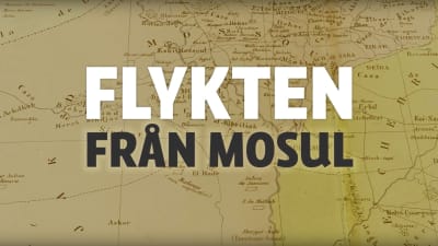 Grafik för webboken Flykten från Mosul. Rubriken skriven på ett gammalt kartbotten.