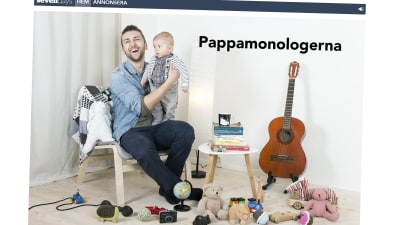 Skärmdump från Sebastians blogg. En bild på han och hans son när det sitter i ett rum fyllt med leksaker.