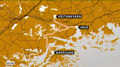 Karta över avståndet från Barösund till Västankvarn skola och Kyrkfjärdens skola i Ingå centrum.