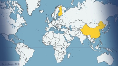 Världskarta med Finland och Kina inritade.