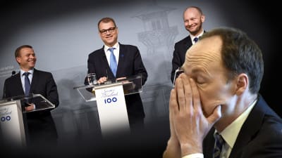 Bildcollage som visar Juha Sipilä, Petteri Orpo och Sampo Terho som ler, och Jussi Halla-aho som ser ledsen ut. 