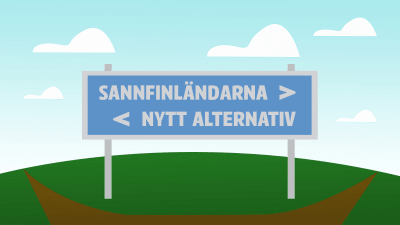 Grafik som visar vägskylt med riktningarna "Sannfinländarna" och "Nytt alternativ"