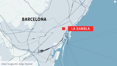 Karta som visar La Rambla i Barcelona