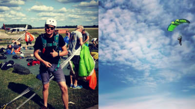 Matias Rosström som står framför ett flygplan. Han har på sig hjälp och en fallskärm. Bredvid finns en bild på en fallskärmshoppare som åker ner med en grön fallskärm. 