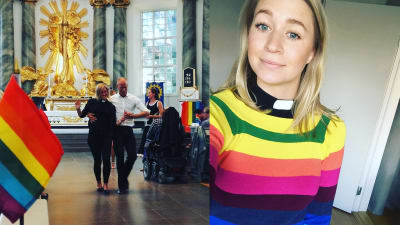 Två bilder på Esther Kazen. I den ena dansar hon tillsammans med en man i en kyrka. En regnbågsflagga syns i förgrunden. På den andra bilden tittar hon in i kameran och är ikladd är regnbågsrandig tröja. 
